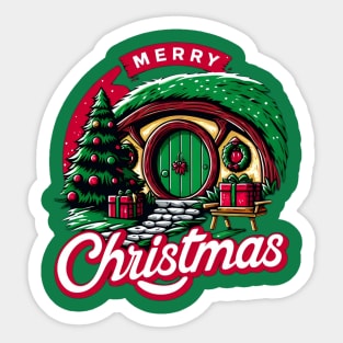 Merry Christmas - Festive Halfling Hole with Tree and Presents - Fantasy Christmas Sticker